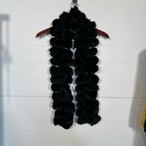Elegant Genuine Black Rabbit Fur Pom Pom Scarf 7 X 60